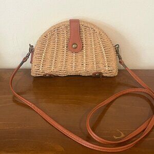 Wicker Rattan Half Circle Purse Brown Snap Floral Fabric Inside Detachable Strap